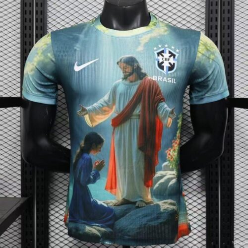 Player Version 2025 Brazil Light Blue with Jesus Christ Religious Artwork Jersey